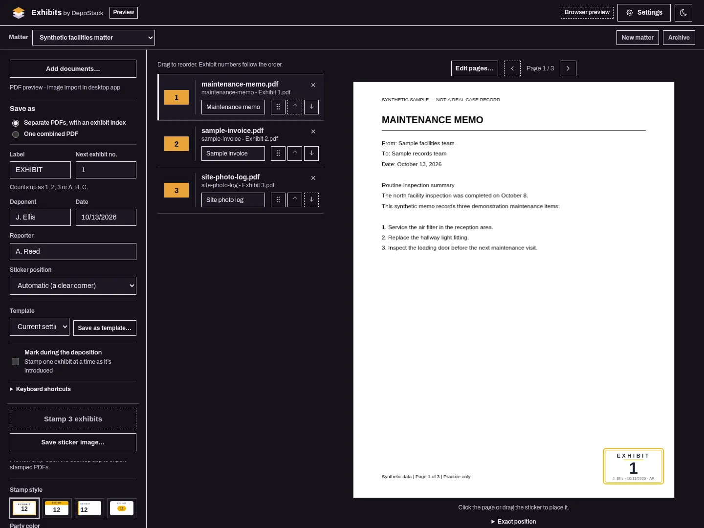Synthetic facilities matter with a maintenance memo, sample invoice, and site photo log prepared as three numbered exhibits