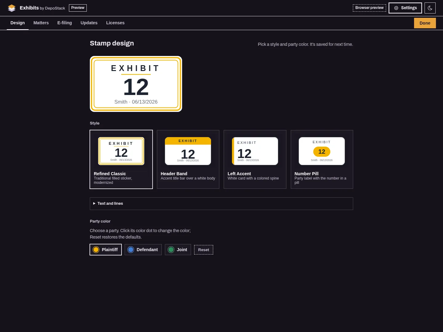 Exhibits Design settings showing Refined Classic, Header Band, Left Accent, and Number Pill sticker styles