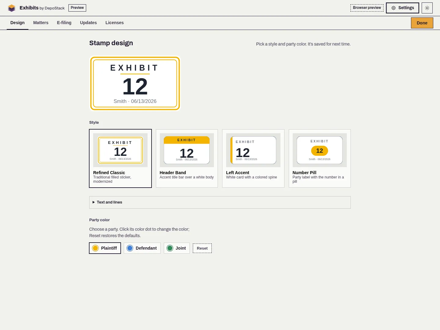 Exhibits Design settings showing Refined Classic, Header Band, Left Accent, and Number Pill sticker styles