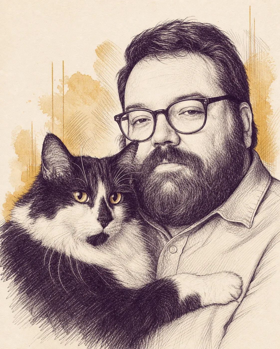 Hand-drawn portrait of Andrew Mayes, founder of DepoStack, holding his black-and-white cat